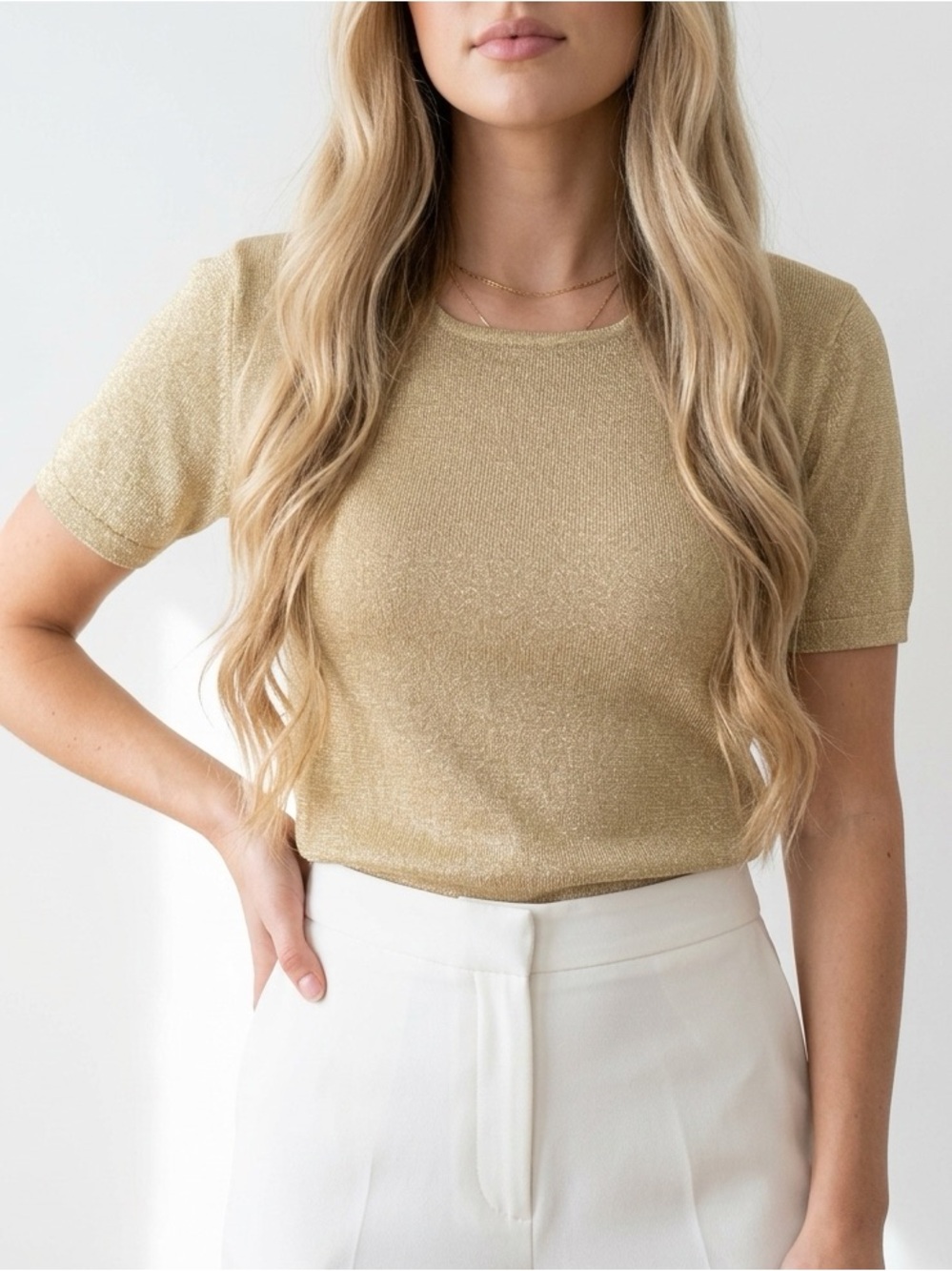 VTG y2k Euro-X Gold Metallic Shimmer Silk Blend IndieSleaze NeoNostalgia KnitTop